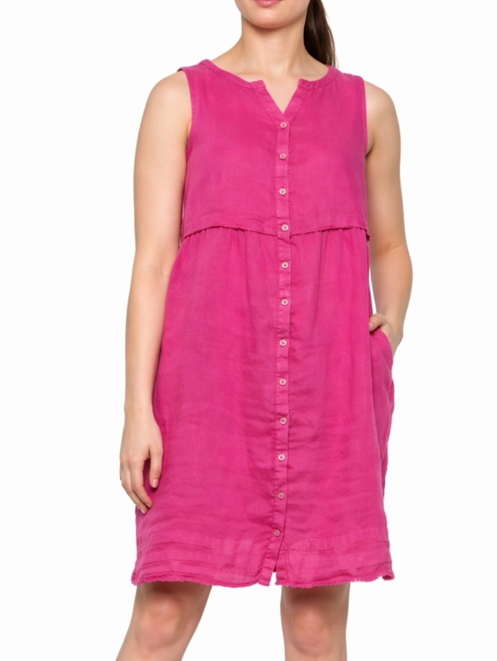 C&C California 100% Linen Hot Pink Sleeveless Button Front Casual Summer Dress